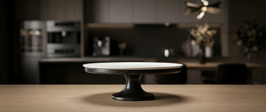 Elegant Black Ornate Cake Stand on Wooden Table in Modern Kitchen Interior with Soft Lighting