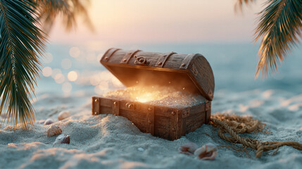Naklejka premium Vintage treasure chest with shimmering magical dust on sandy beach at sunset near ocean.