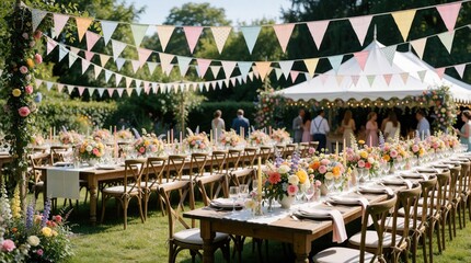 Obraz premium Outdoor wedding reception with long tables set with floral arrangements and colorful bunting. Guests mingle under a tent in a garden setting for a festive celebration.