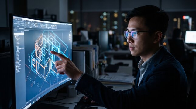 Male architect pointing at a 3D CAD software model on a computer