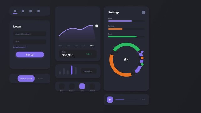 Dark UI dashboard interface with data visualization charts, modern glassmorphism web design elements, futuristic analytics control panel