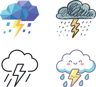 Thunderstorm Weather Icon Set with Four Creative Styles Featuring Geometric Low Poly Sketch Line Art and Cute Kawaii Cloud Vectors