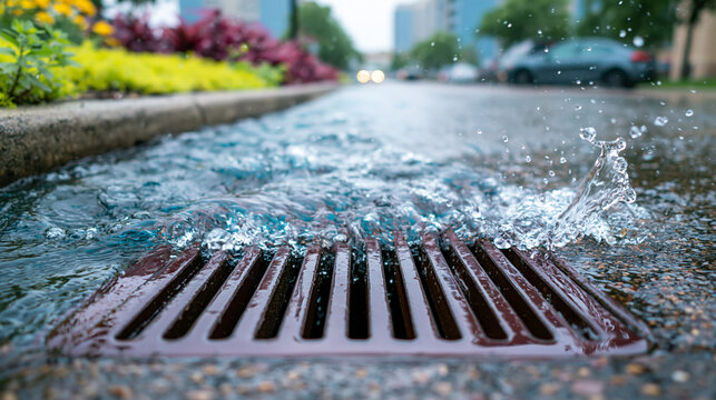 Water flowing into storm drain on rainy day in city.