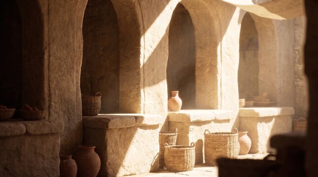 Bright sunlight shining on empty ancient stone market stalls filled with woven baskets and clay pots