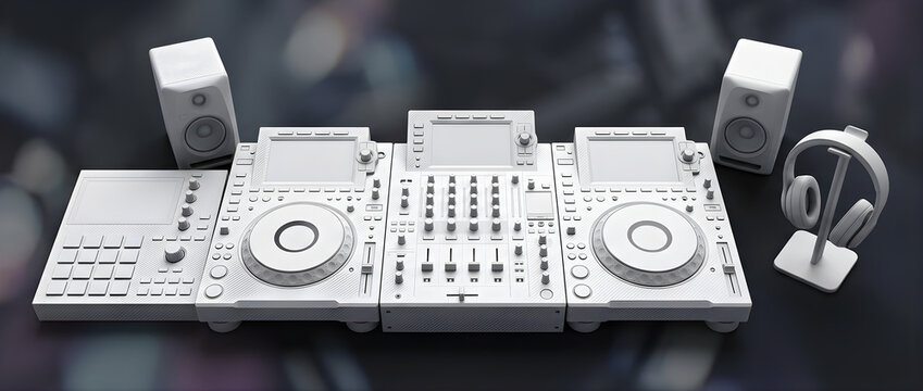 Detailed White 3D Rendered DJ Turntables and Speakers with Headphones and Microphone Setup for Music Production and Performance
