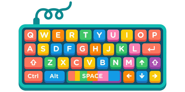 Colorful kids toy computer keyboard with alphabet letters isolated on transparent background