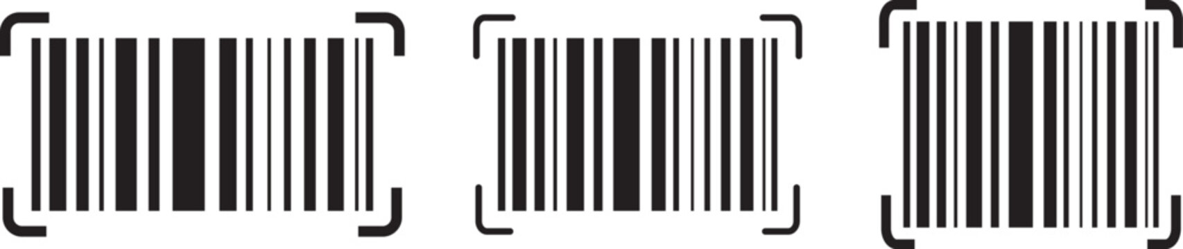 Barcode scanner reader line and solid icon set. Product price tag scan and inventory control symbol collection. Digital code recognition vector illustration for retail shopping checkout interface.