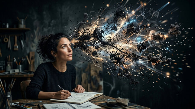 Artist brainstorms creative ideas, sparks of inspiration emerge from thoughts