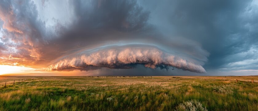Dramatic storm clouds over rolling hills at sunset