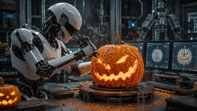 robot carving intricate halloween jack o lantern pumpkin with precision laser in futuristic ai laboratory