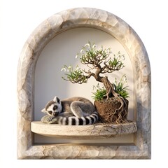 Fototapeta premium Cute lemur sleeping next to a small bonsai tree in an old stone arch window isolated on white background