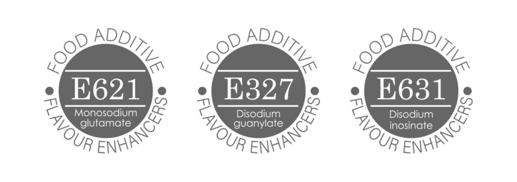 Icons, labels, stickers, or pictograms with the designation and name of food additives in the flavor enhancer group. Ideas for websites, apps, informational materials, and printed materials