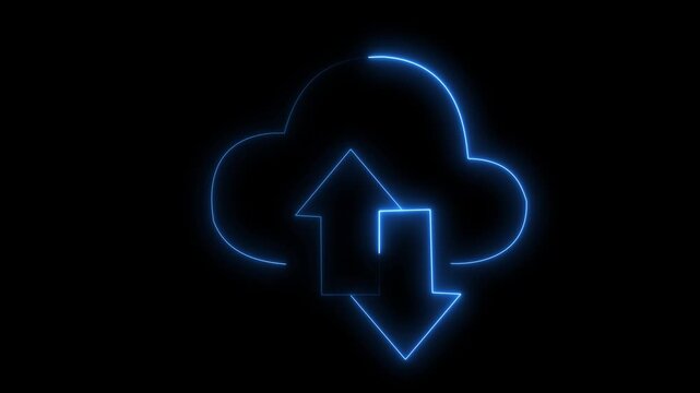 Neon digital cloud icon. Cyan neon cloud upload download icon data storage.4k