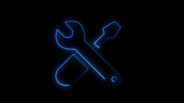 glowing neon blue color setting animation icon circle animated on black background.  Technology setting icon concept. Repair service icon