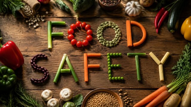 Top view of fresh vegetables and legumes arranged to spell food safety on rustic wooden table, with colorful produce forming letters for healthy cooking, hygiene, catering, and wellness concept