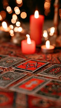 Tarot cards spread on table with burning candles