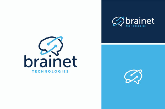 Line Art of Brain with Digital Ring Connection for Human Intellectual Technology Logo Design