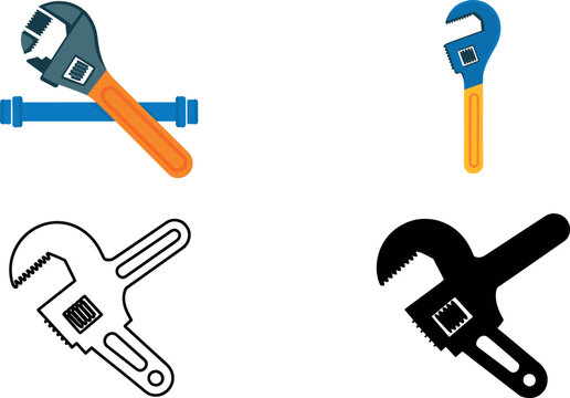 Plumbing Repair and Pipe Wrench Icon Set Featuring Adjustable Monkey Wrenches in Flat Colorful Solid Glyph and Thin Line Vector Illustration Formats