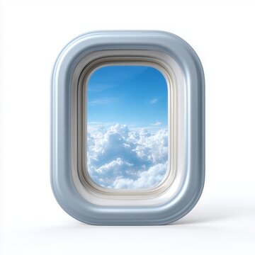 Aerial perspective from an airplane window revealing soft clouds and a vibrant blue sky stretching across the horizon
