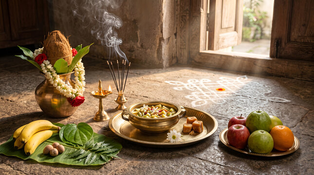 Traditional Hindu Festival Pooja Ritual Setup With Sacred Offerings