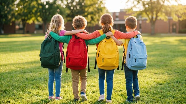 Four schoolchildren with backpacks walk across a grassy field at sunset, arms around each other&rsquo;s shoulders, seen from behind with trees and a building