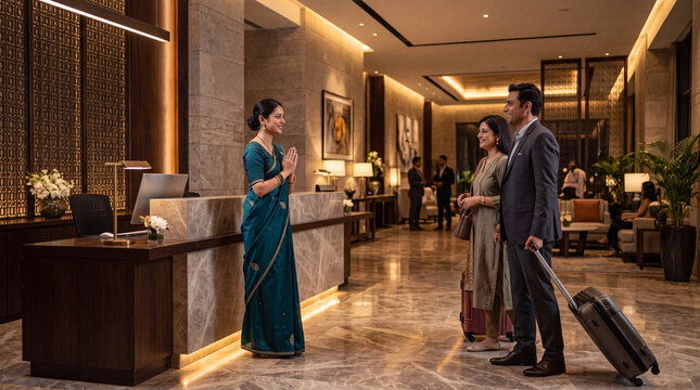 An Indian hotel receptionist in a traditional teal saree welcomes a couple with luggage in a luxury hotel lobby, representing hospitality, premium service, guest arrival, Indian culture, and travel.