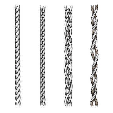 Hand drawn Set of different braids. Cord Styles Illustration. Twisted rope knots isolated. Braided Frieze Border. Decorative sketch ribbons borders. Pencil simple drawing. Spiral motifs, plait