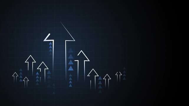 Background multiple upward-pointing arrow outlines and solid triangle accents animation, symbolizing growth and progress