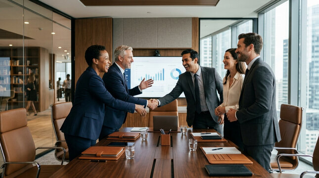 Business handshake in modern boardroom, colleagues celebrating success, city view