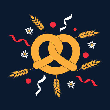 Oktoberfest pretzel vector illustration, traditional German festival snack with wheat and edelweiss flowers, Bavarian food celebration graphic
