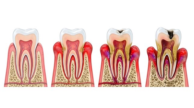 Four stage progression of tooth decay and cavity formation anatomical model with dentistry