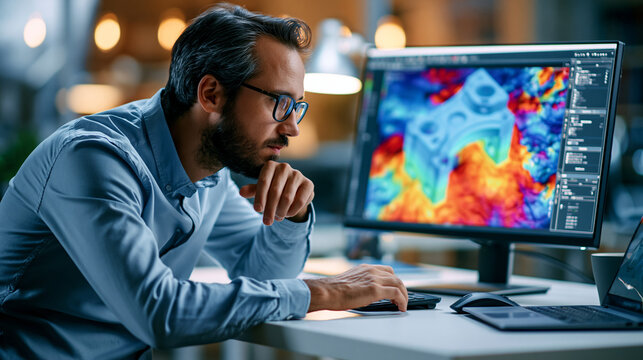 Over the shoulder view of a cropped european mechanical engineer examining 3D stress simulation data on a bright monitor colour graded contour plot over a machine bracket model