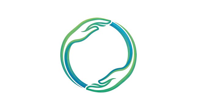 Abstract circular logo of two hands in blue and green.