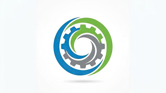 Abstract circular logo with gears and blue green waves.