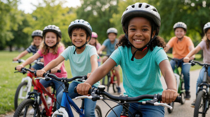 Diverse kids ride bikes in park. Children smile wearing helmets, enjoying outdoor activity together. Friends bond over cycling fun, promoting healthy lifestyle and active play.