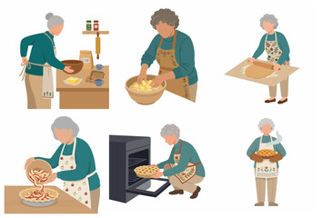 Fototapeta premium Set of flat vector illustrations of a senior woman baking a homemade apple pie, showing the step-by-step process of preparation, baking, and serving.