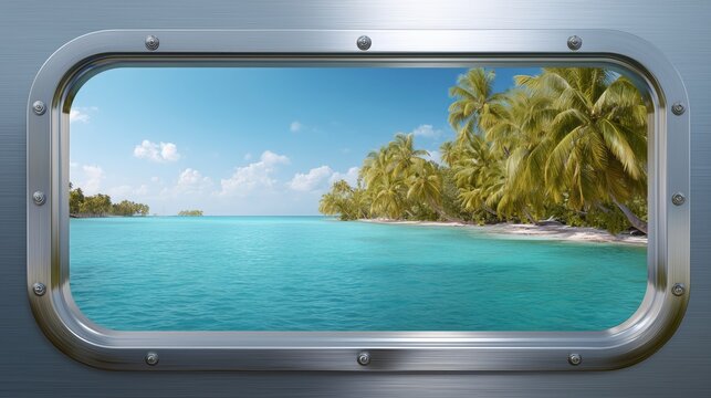 Breathtaking coastal vista seen through a circular window showcasing lush palm trees and a vibrant blue sea