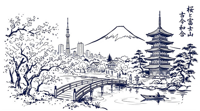 Blue Line Art of Mount Fuji Pagoda Bridge and Tokyo Skyline