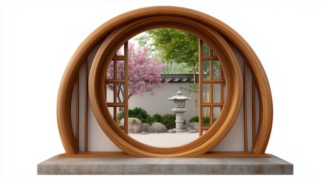 Peaceful view of a japanese zen garden framed by a circular wooden structure adorned with blooming cherry blossoms