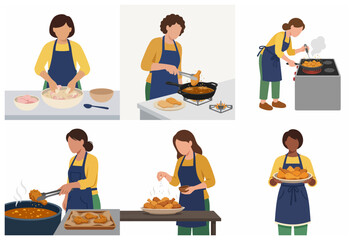 Fototapeta premium Set of flat vector illustrations of a woman cooking delicious fried chicken at home