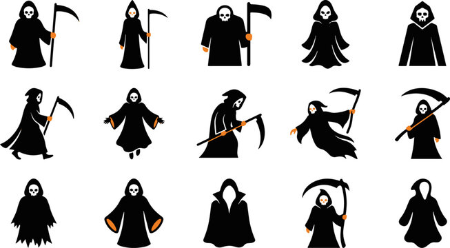 Set of black silhouette icons featuring a spooky halloween grim reaper character in various poses and holding scythes