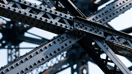 Naklejka premium Detailed close up of a riveted iron lattice tower structure with crossing beams and precise rivet rows against a bright clear sky crisp daylight on painted metal strong
