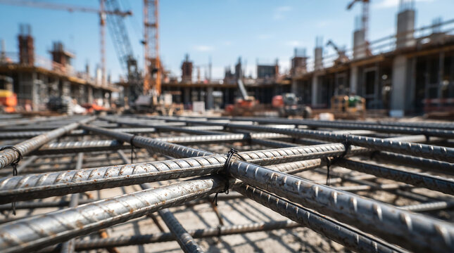 Construction site with reinforced steel bars on ground and tall cranes building new office complex in background construction building industry concrete architecture