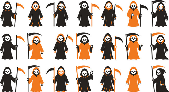 Set of cute cartoon halloween grim reaper characters with scythes in black and orange robes for holiday design