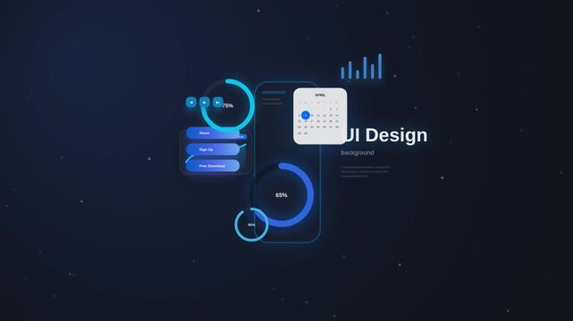 Futuristic UI design interface, glowing blue digital dashboard with calendar and data charts, high-tech mobile app user interface background