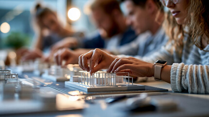 Obraz premium Cropped european architecture students working together on a white structural model project at a bright studio table hands placing thin columns and beams clean cutting mats and