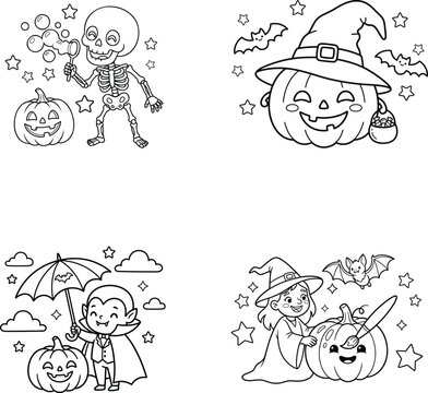 Cute halloween coloring page set with skeleton pumpkin witch vampire and bats for kids activity isolated on transparent background, Vector