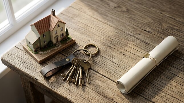 Un modello di casa in miniatura con un set di chiavi e un documento arrotolato sulla scrivania dell'agente immobiliare