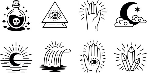 Mystic and esoteric line icons set, magic occult symbols outline isolated on white background © Arif