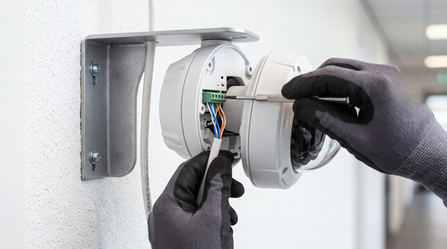 Technician installing a modern dome surveillance camera on a wall with a screwdriver and network cable